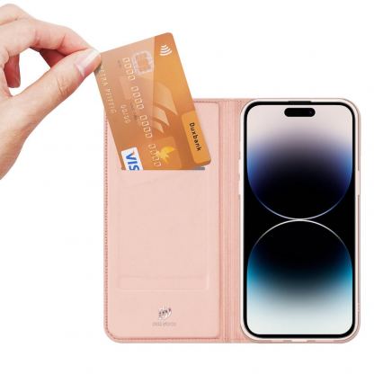 Dux Ducis Skin Pro Case - кожен калъф с поставка и отделение за кр. карти за iPhone 15 Pro (розов)