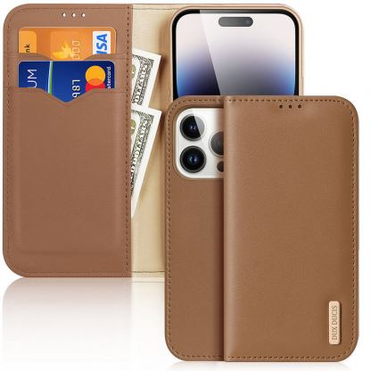 Dux Ducis Hivo Genuine Leather Flip Wallet Case - кожен калъф от естествена кожа с поставка и отделение за кр. карти за iPhone 15 Pro Max (кафяв)