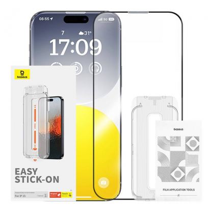 Baseus Sapphire Tempered Glass Film (0.30mm) - калено стъклено защитно покритие за дисплея на iPhone 15 (черен-прозрачен)