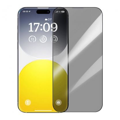 Baseus Diamond Privacy Tempered Glass Film (0.30mm) - калено стъклено защитно покритие с определен ъгъл на виждане за дисплея на iPhone 15 (черен-прозрачен)