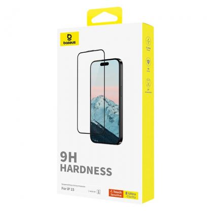 Baseus Diamond Tempered Glass Film (0.30mm) - калено стъклено защитно покритие за дисплея на iPhone 15 (черен-прозрачен)