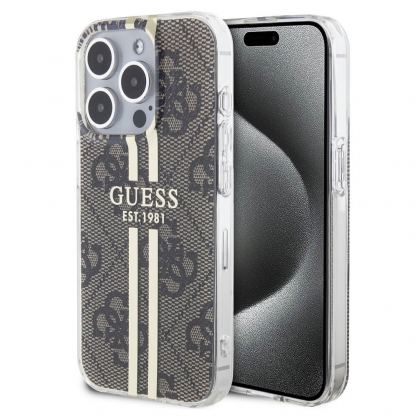 Guess IML 4G Gold Stripe Case - дизайнерски силиконов кейс за iPhone 15 Pro Max (кафяв)