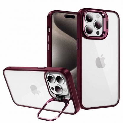 Tel Protect Kickstand Case and Camera Glass Lens - хибриден кейс с поставка и стъклени лещи за камерата за iPhone 15 (червен) 