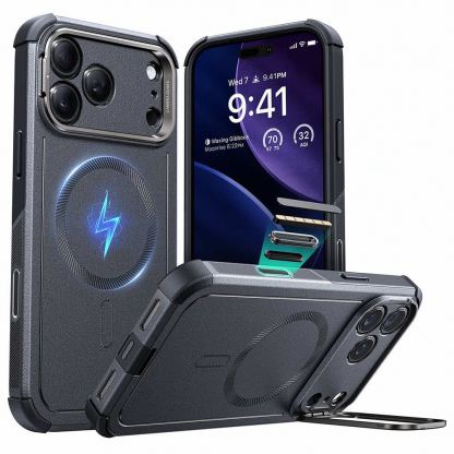 Хибриден кейс с висока степен на защита с MagSafe за iPhone 17 Pro - ESR Cyber Armor Kickstand MagSafe Case (сив)