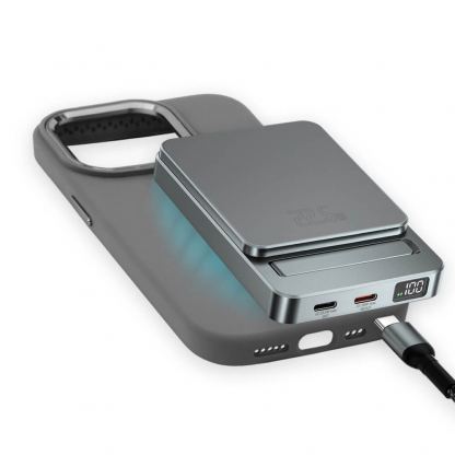 Комплект преносима външна батерия с безжично зареждане с MagSafe и силиконов кейс с MagSafe за iPhone 15 Pro Max - 4smarts OneStyle MagSafe PowerBank 5000 mAh With Silicone Case (сив)