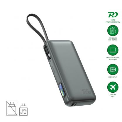 Външна батерия с USB-A и USB-C портове и вграден USB-C кабел - 4smarts Power Bank Enterprise 20000 mAh 165W (тъмносив)