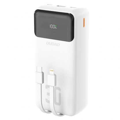 Външна батерия с вградени USB-C и Lightning кабели и USB-C, USB-A портове и технология за бързо зареждане - Dudao K15MAX Power Bank With Build-in Cables 22.5W 30000 mAh (бял)