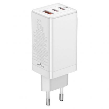 Захранване за ел. мрежа за лаптопи, смартфони и таблети с USB-A и 2xUSB-C изходи с технология за бързо зареждане и USB-C към USB-C кабел - Baseus GaN 3 Pro Fast Laptop Charger 65W (CCGP050102) (бял)