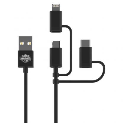 Здрав кабел с въжена оплетка за устройства с Lightning, microUSB и USB-C порт (90 см) - Harley Davidson 3-in-1 USB Universal Cable (черен)