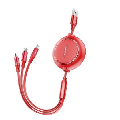 Универсален USB кабел с Lightning, microUSB и USB-C конектори (120 см) - Baseus Golden Loop 3-in-1 Elastic USB Cable (червен)