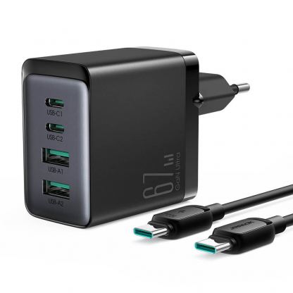 Захранване за ел. мрежа за лаптопи, смартфони и таблети с 2xUSB-A и 2xUSB-C изходи с технология за бързо зареждане и USB-C кабел - Joyroom GaN Ultra Fast Charger Kit 67W (черен)