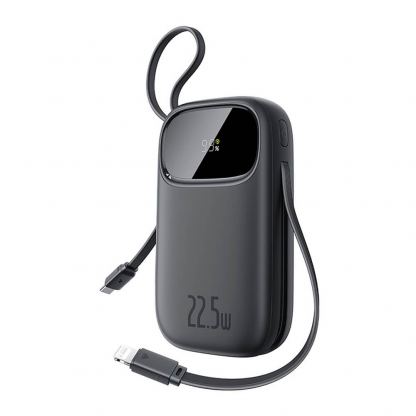 Външна батерия с вграден USB-C и Lightning кабел и USB-C, USB-А портове - Baseus Qpow3 Digital Display Power Bank With USB-C And Lightning cable 22.5W 20000mAh (черен)