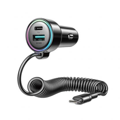 Зарядно за кола с вграден USB-C кабел и USB-A и USB-C изходи - Joyroom 3 in 1 Fast Car Charger With USB-C Cable 72W (черен)