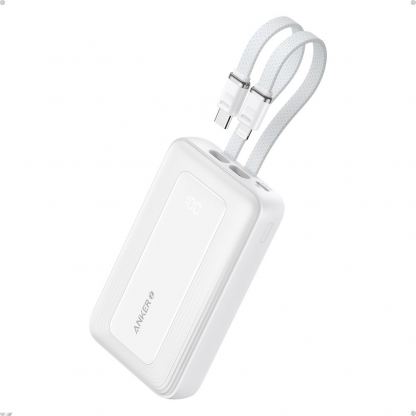 Външна батерия с вградени USB-C и Lightning кабели и USB-C, USB-A портове и технология за бързо зареждане - Anker Zolo Power Bank 30W 10000 mAh (бял)