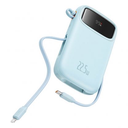 Външна батерия с вграден USB-C и Lightning кабел и USB-C, USB-А портове - Baseus Qpow2 Digital Display Power Bank With USB-C and Lightning cable 22.5W 20000 mAh (син)
