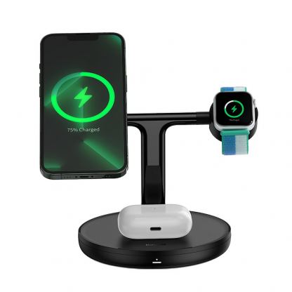 Тройна поставка (пад) за безжично зареждане за iPhone с Magsafe, Apple Watch, AirPods и Qi съвместими мобилни устройства - Baseus Swan 3-in-1 Magnetic Wireless Qi Charging Stand 20W (WXTE000101) (черен)