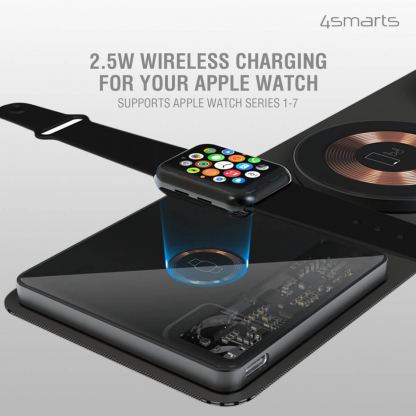 Тройна поставка (пад) за безжично зареждане за iPhone с Magsafe, Apple Watch и AirPods - 4smarts Wireless Charger UltiMag Lucid Triplefold 15W (черен)