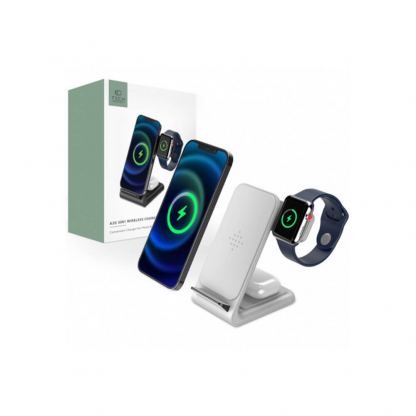 Тройна поставка (пад) за безжично зареждане за iPhone, Apple Watch, AirPods и Qi съвместими устройства - Tech-Protect Wireless Charger QI15W-A20 (бял)