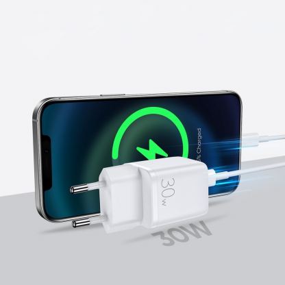 Захранване за ел. мрежа с USB-A и USB-C изходи и технология за бързо зареждане (бял)  - Joyroom Mini Fast Charger 30W
