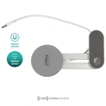 Магнитна поставка с безжично зареждане за прикрепяне на iPhone с MagSafe монитори и дисплеи - 4smarts UltiMag Screen Flip Magnetic Mount With Wireless Charger 15W (сребрист)