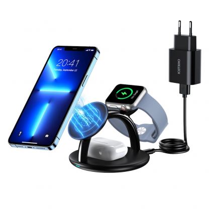 Тройна поставка (пад) за безжично зареждане за iPhone с Magsafe, Apple Watch, AirPods Pro и Qi съвместими устройства - Choetech 3in1 Inductive Wireless Charging Station 22.5W (черен)