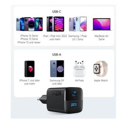 Захранване за ел. мрежа с USB-A и USB-C изходи и технология за бързо зареждане - Anker 323 Fast Wall Charger 33W (черен)