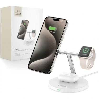 Тройна поставка (пад) за безжично зареждане за iPhone с Magsafe, Apple Watch и AirPods - Tech-Protect 3-in-1 Inductive Wireless Charging Station Qi15W-A35 (бял)