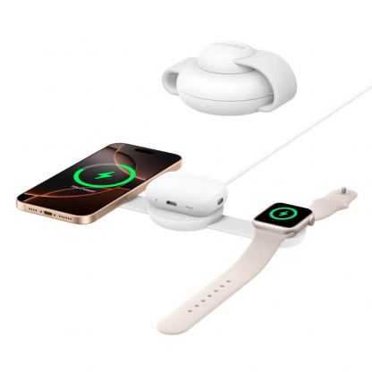 Преносима тройна поставка (пад) за безжично зареждане за iPhone с MagSafe, Apple Watch, AirPods и Qi съвместими мобилни устройства (черен - Anker MagGo 3-in-1 MagSafe Qi2 Foldable Pad (бял)