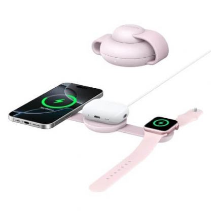 Преносима тройна поставка (пад) за безжично зареждане за iPhone с MagSafe, Apple Watch, AirPods и Qi съвместими мобилни устройства - Anker MagGo 3-in-1 MagSafe Qi2 Foldable Pad (розов)