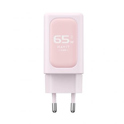 Захранване за ел. мрежа за лаптопи, смартфони и таблети с 2xUSB-C и 1xUSB-A изходи с технология за бързо зареждане - Havit GaN Fast Wall Charger 65W (розов)