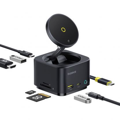 Хъб за свързване на допълнителна периферия за устройства с USB-C и безжично зареждане с MagSafe - Baseus MagPro II 7-in-1 Magnetic Docking Station USB-C Hub 4K 60Hz (черен)