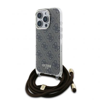 Дизайнерски кожен кейс с връзка за носене през врата за iPhone 16 Pro Max - Guess PU IML 4G Printed Case With Crossbody Strap (кафяв)