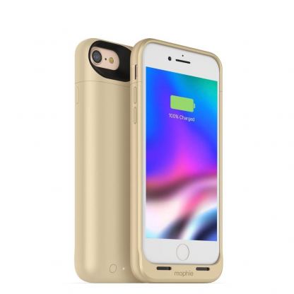 Mophie Juice Pack Air & Charging Base Bundle - удароустойчив кейс с вградена батерия 2525mAh с безжично зареждане и пад за безжично зареждане за iPhone 8, iPhone 7 (златист)