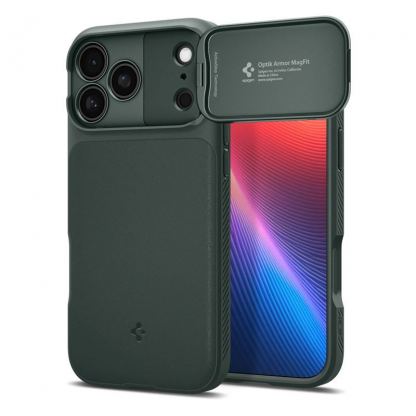 Силиконов (TPU) калъф с капак за камерата с MagSafe за iPhone 17 Pro Max - Spigen Optik Armor MagSafe Case (зелен)