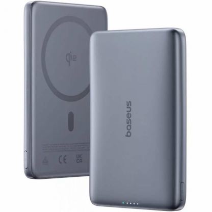 Ултратънка преносима външна батерия с USB-C изход и безжично зареждане с MagSafe - Baseus PicoGo AM41 Ultra Slim Qi2 Magnetic Wireless Charging Power Bank 10000 mAh 27W (сив)