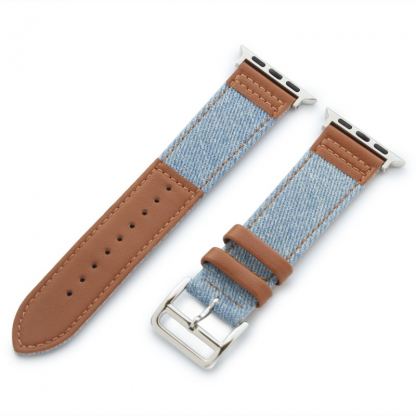 Torrii Leather Band - кожена каишка за Apple Watch 38мм, 40мм (светлосиня дънкова материя с кафява кожа)
