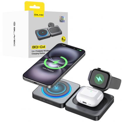 Тройна поставка (пад) за безжично зареждане за iPhone с MagSafe, Apple Watch, AirPods и Qi съвместими мобилни устройства - Blavec BQI-04 3-in-1 Foldable Fast Wireless Charger 15W (черен)